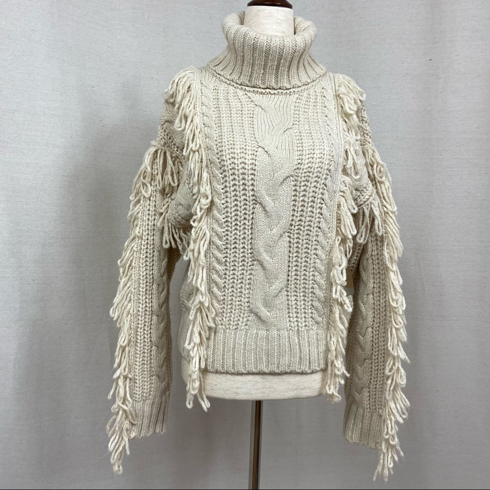 Cream Turtleneck Sweater with Fringes